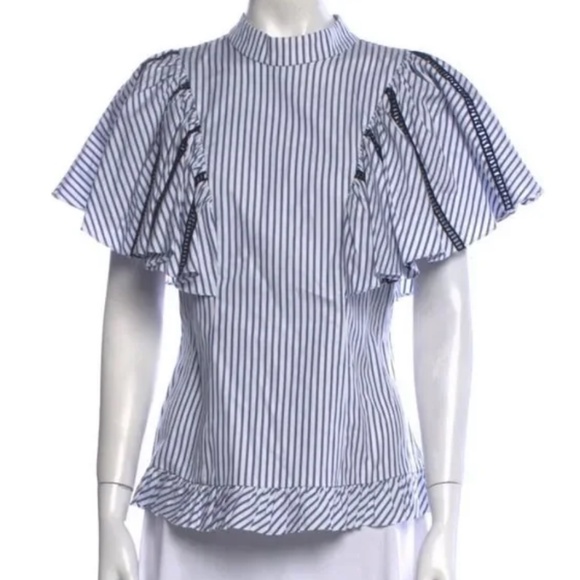 Caroline Constas Tops - Caroline Constas Blue White Ruffle Stripe Blouse